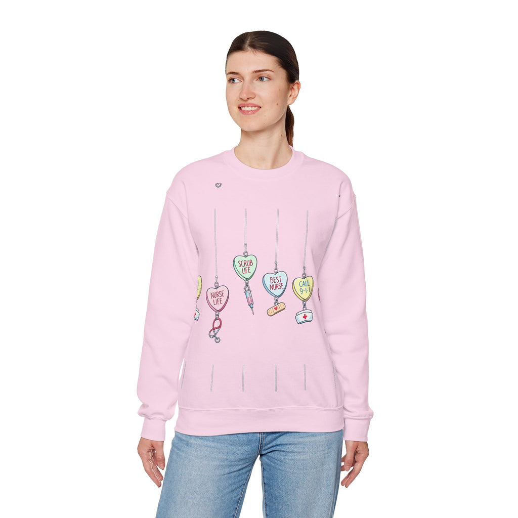 Nurse Life Ornament Crewneck Sweatshirt — Cute Hanging Hearts "Nurse Life, Scrub Life, Best Nurse"