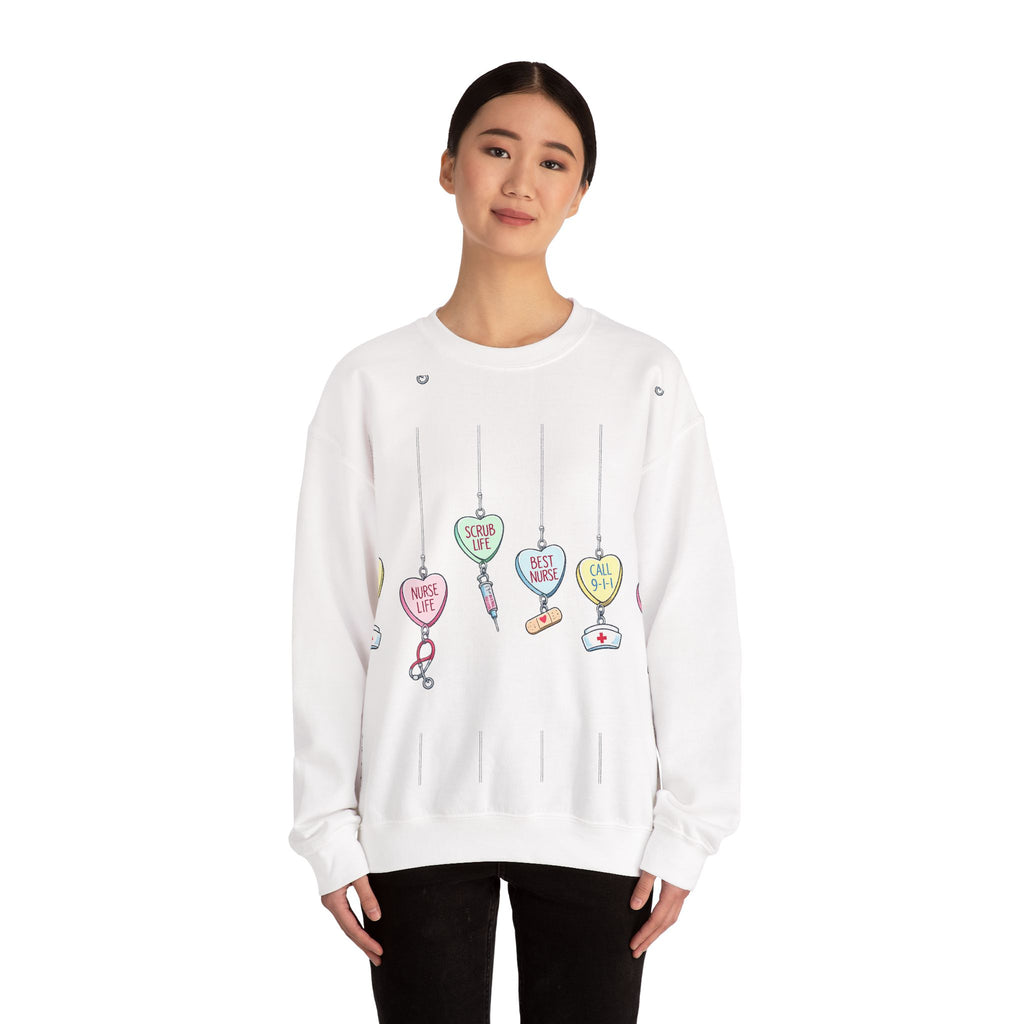 Nurse Life Ornament Crewneck Sweatshirt — Cute Hanging Hearts "Nurse Life, Scrub Life, Best Nurse"