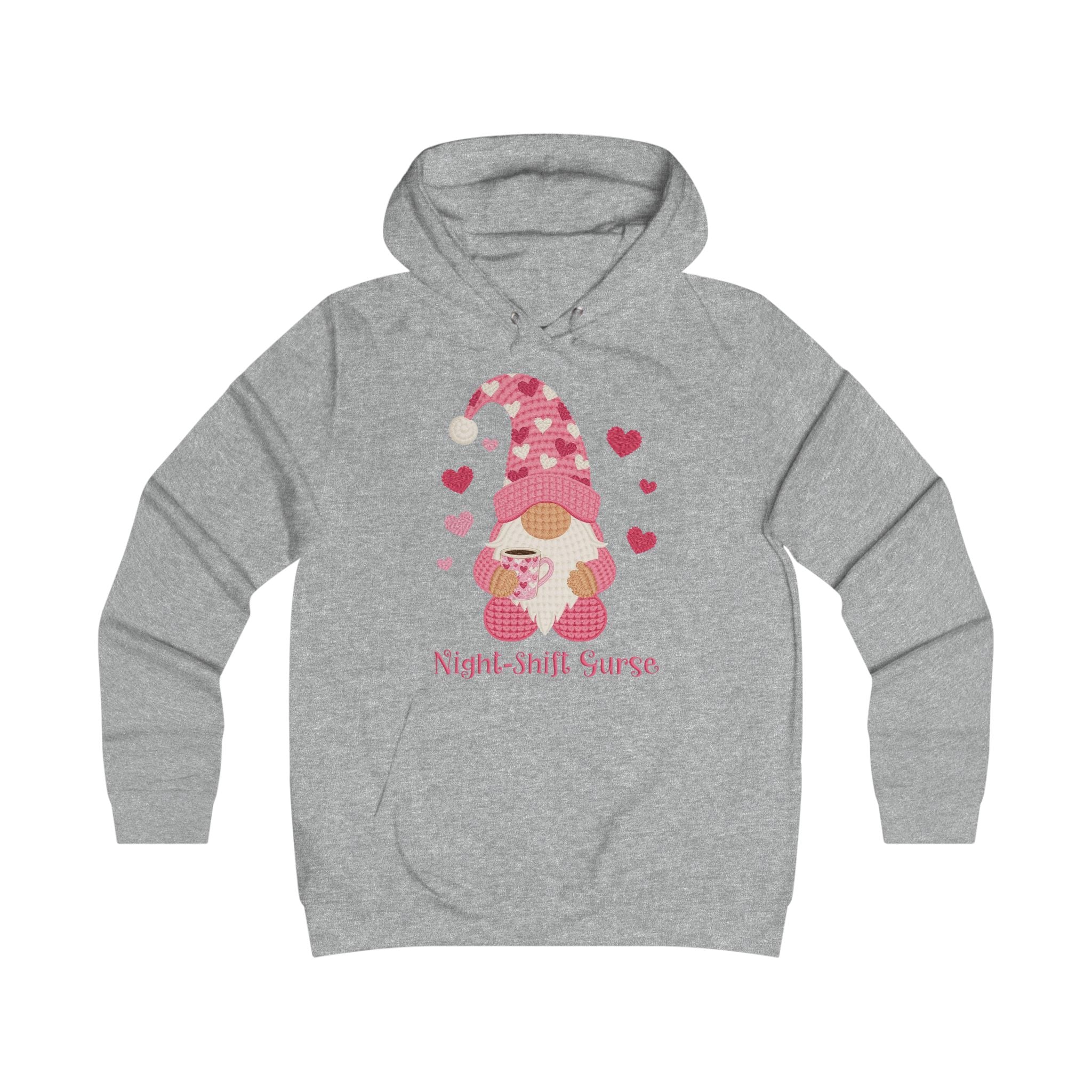 Night-Shift Nurse Gnome Hoodie — Cute Pink Hearts Valentine’s Day Gift for Nurses