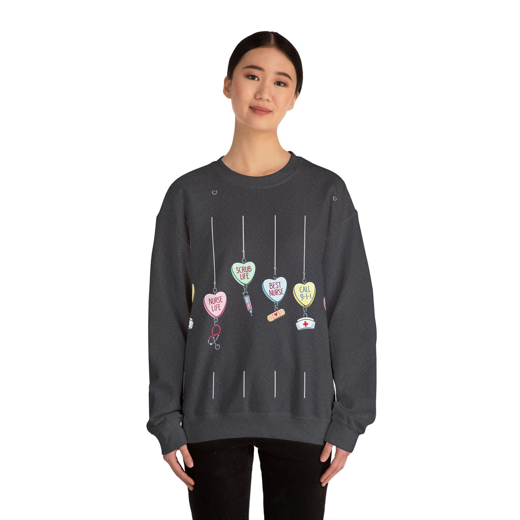 Nurse Life Ornament Crewneck Sweatshirt — Cute Hanging Hearts "Nurse Life, Scrub Life, Best Nurse"