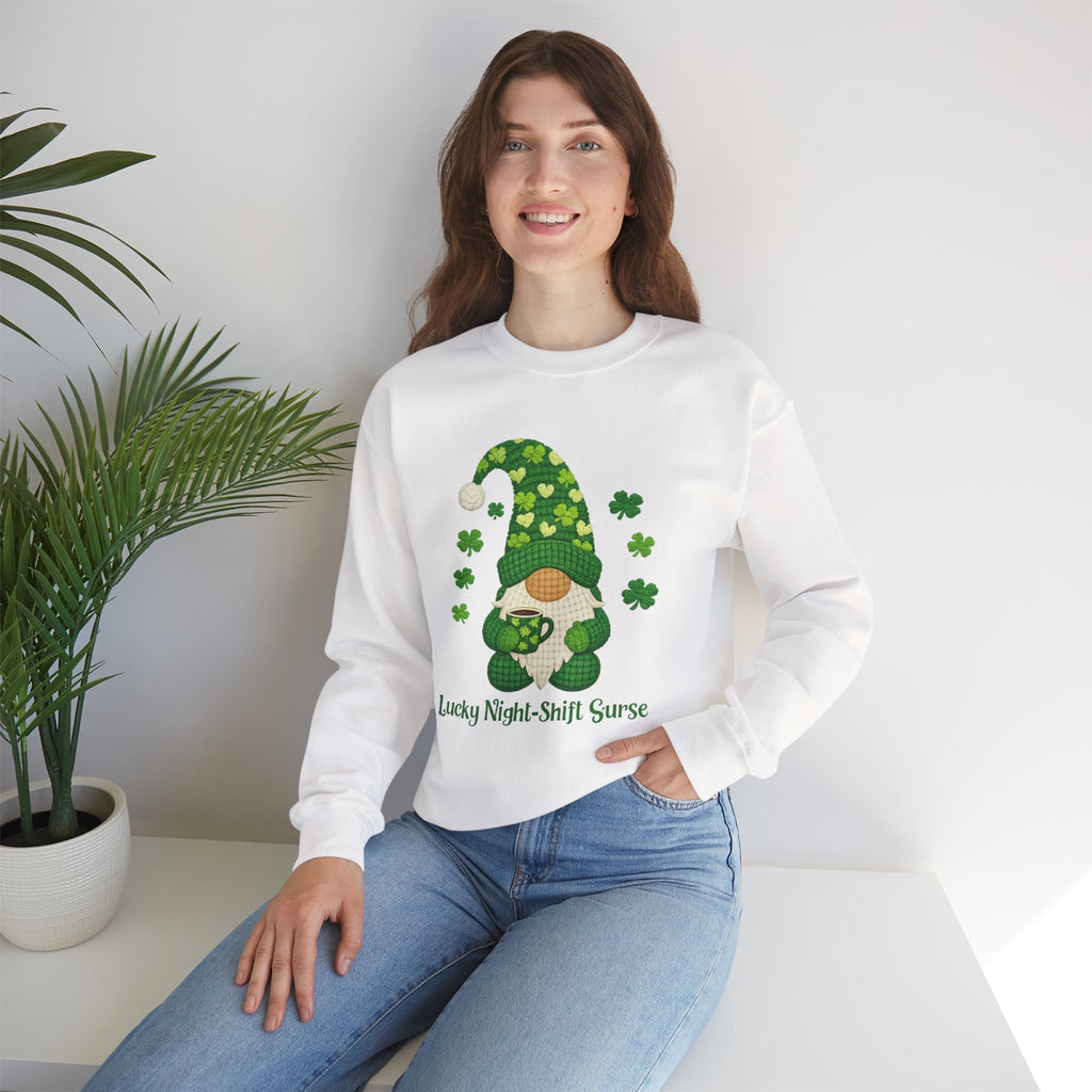 Crewneck Sweatshirt — "Lucky Night-Shift Nurse" St. Patrick’s Gnome Sweatshirt