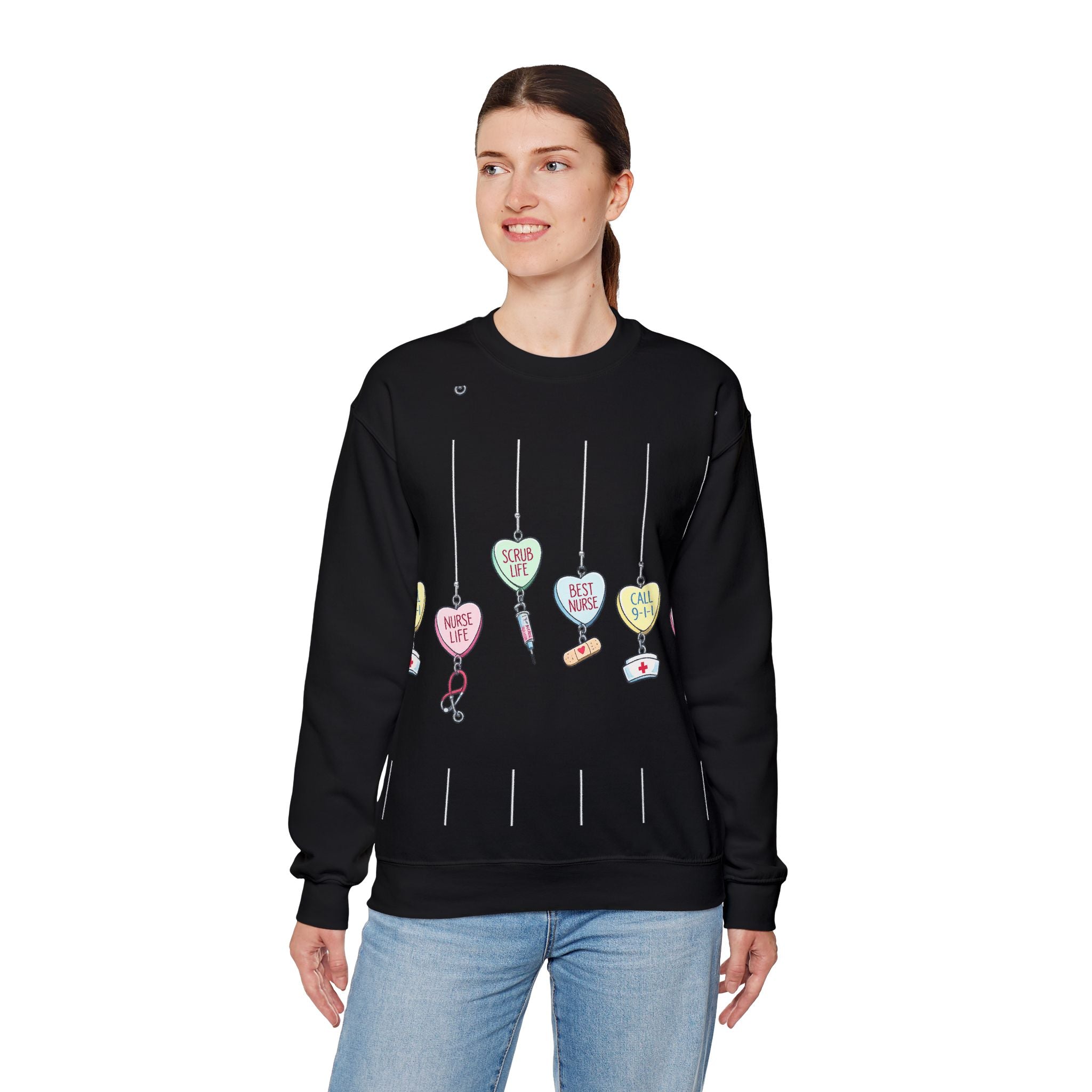 Nurse Life Ornament Crewneck Sweatshirt — Cute Hanging Hearts "Nurse Life, Scrub Life, Best Nurse"