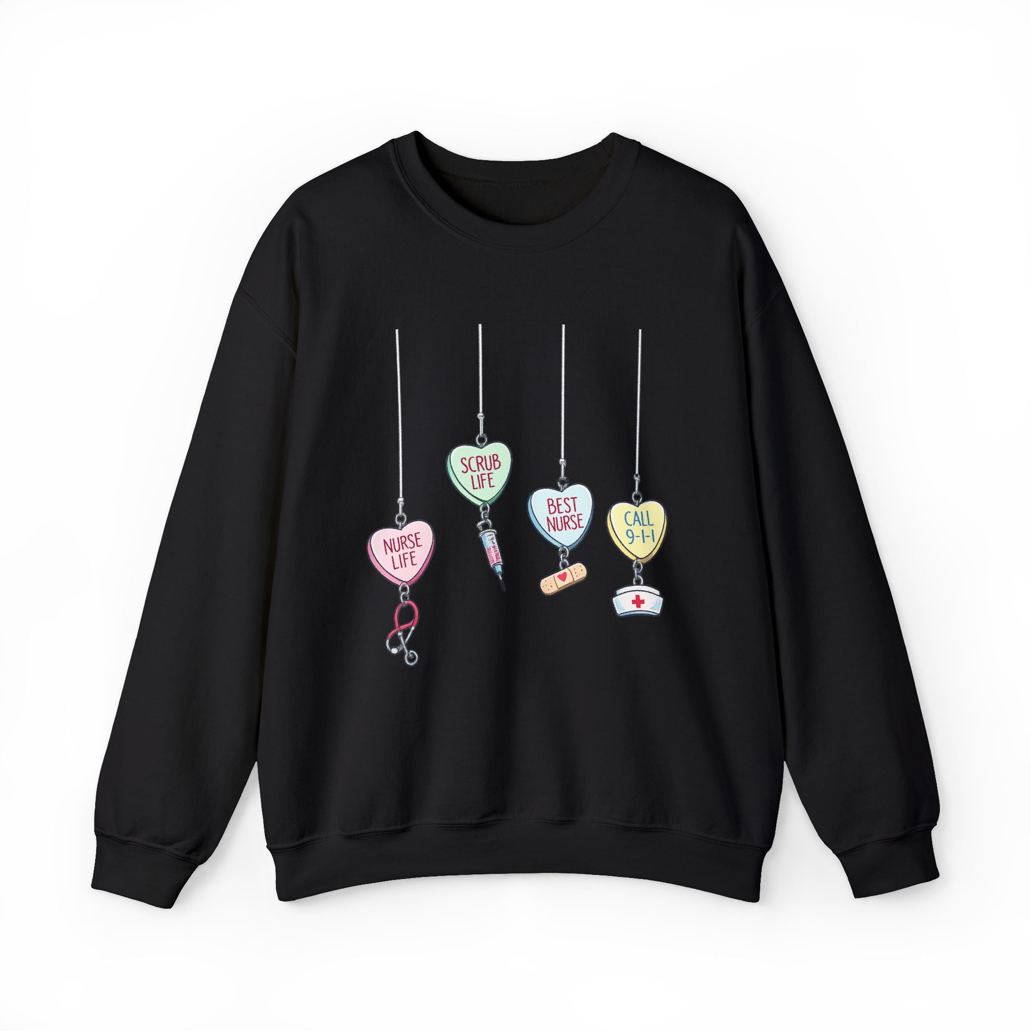 Nurse Life Ornament Crewneck Sweatshirt — Cute Hanging Hearts "Nurse Life, Scrub Life, Best Nurse"