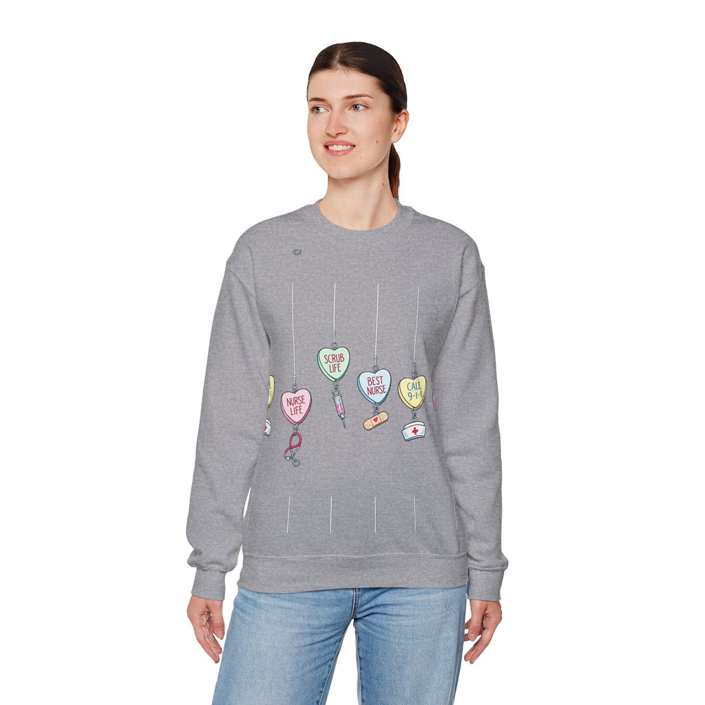 Nurse Life Ornament Crewneck Sweatshirt — Cute Hanging Hearts "Nurse Life, Scrub Life, Best Nurse"