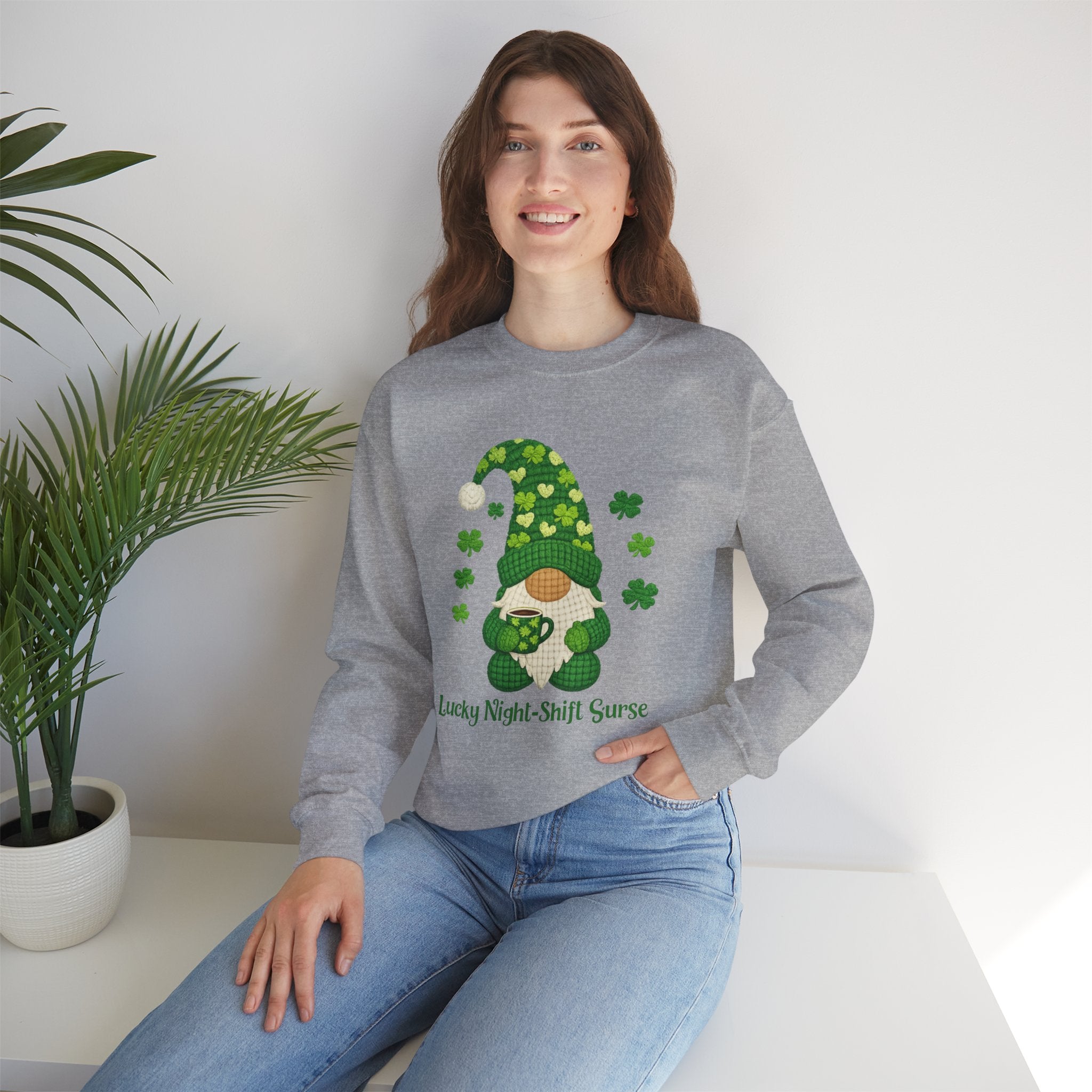Crewneck Sweatshirt — "Lucky Night-Shift Nurse" St. Patrick’s Gnome Sweatshirt