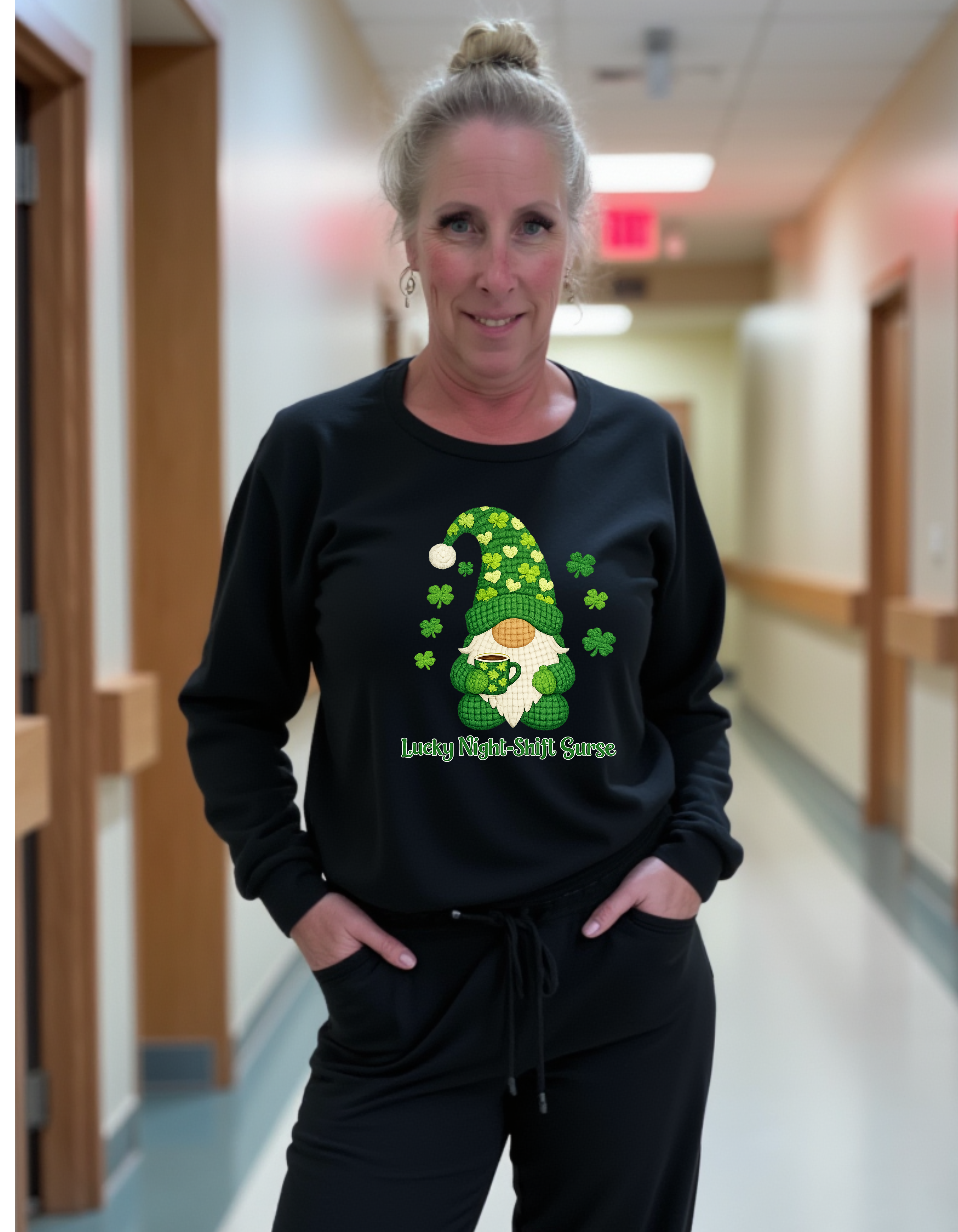 Crewneck Sweatshirt — "Lucky Night-Shift Nurse" St. Patrick’s Gnome Sweatshirt