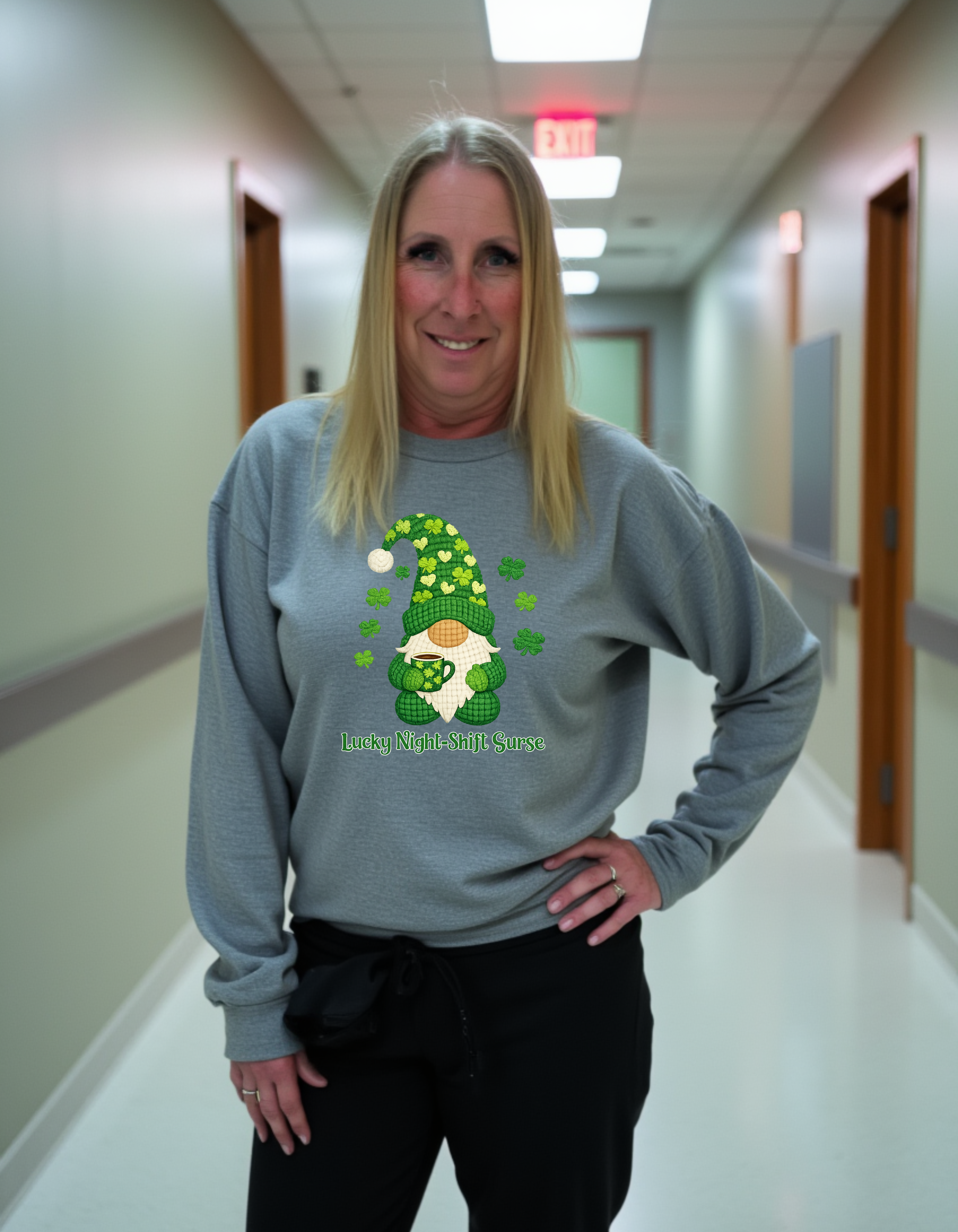Crewneck Sweatshirt — "Lucky Night-Shift Nurse" St. Patrick’s Gnome Sweatshirt