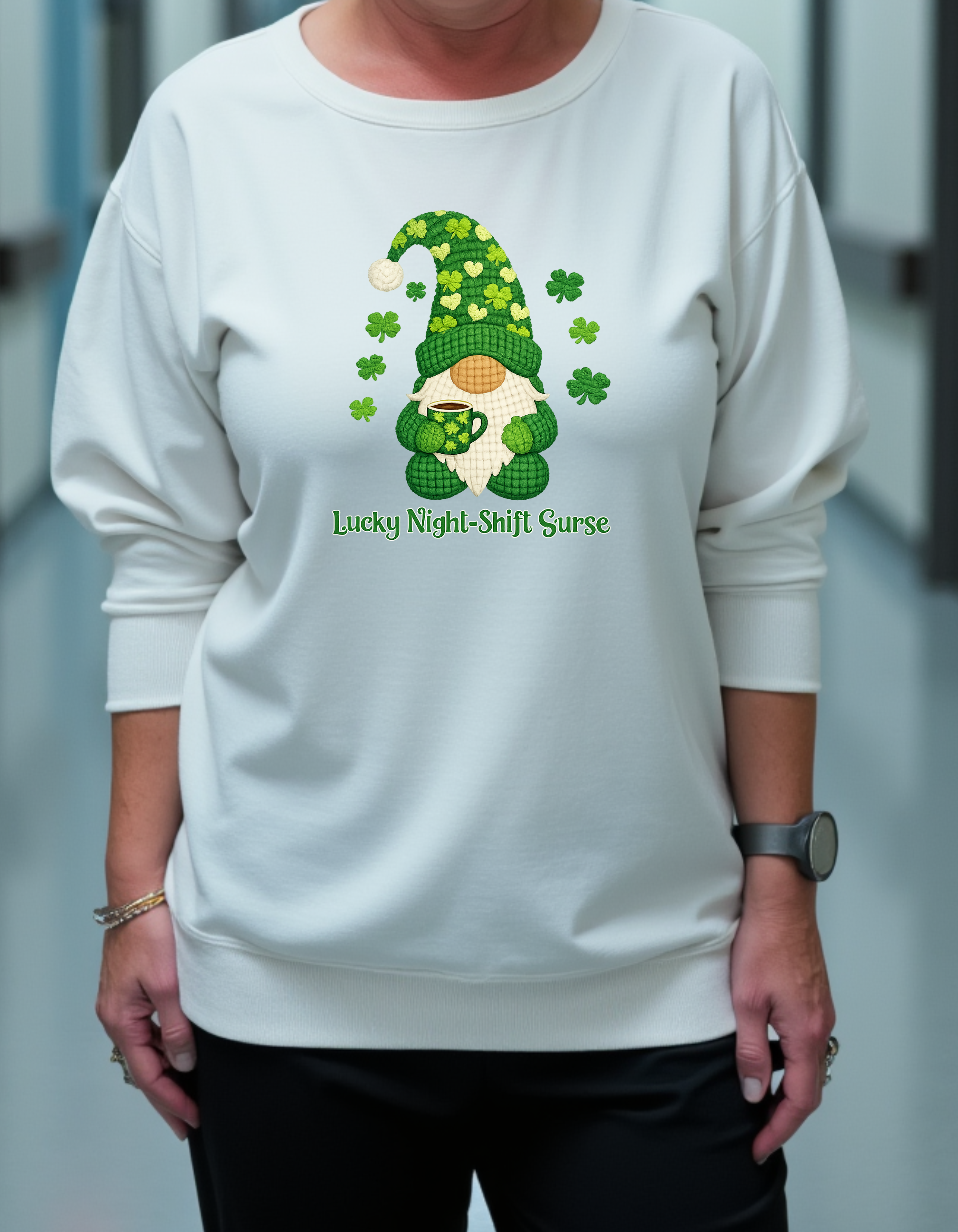 Crewneck Sweatshirt — "Lucky Night-Shift Nurse" St. Patrick’s Gnome Sweatshirt