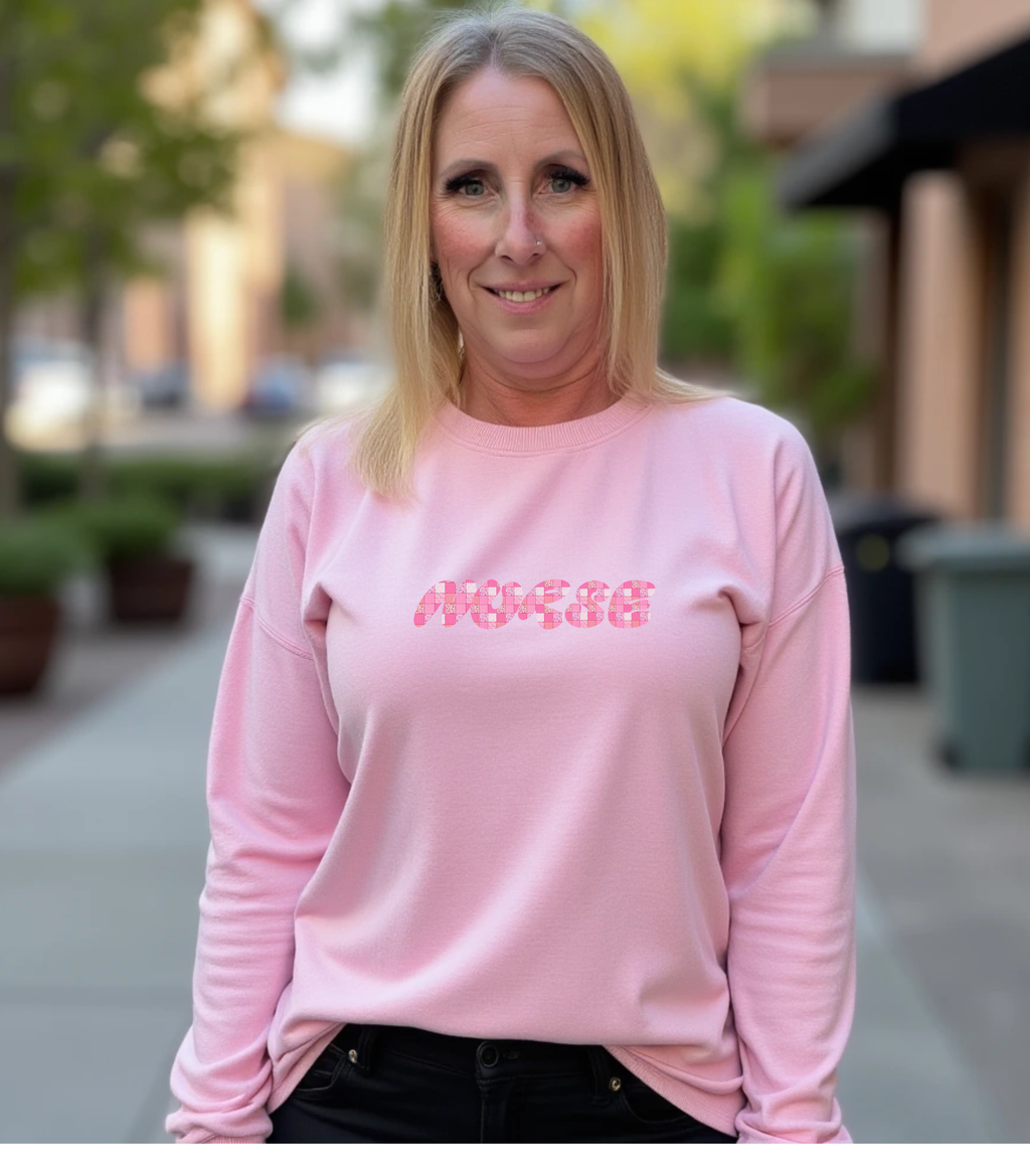 Nurse Crewneck Sweatshirt — Pink Patchwork Floral Script Graphic