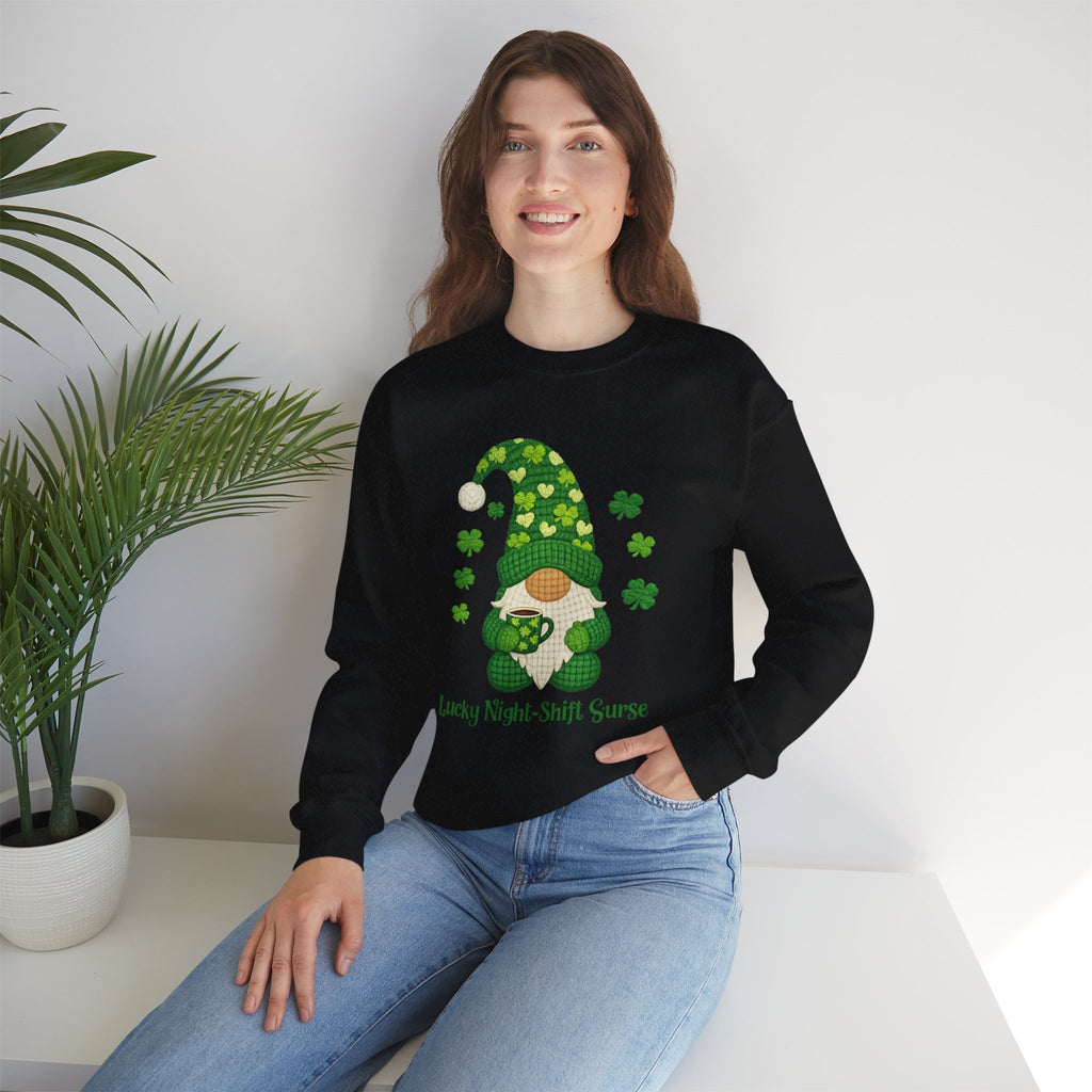 Crewneck Sweatshirt — "Lucky Night-Shift Nurse" St. Patrick’s Gnome Sweatshirt
