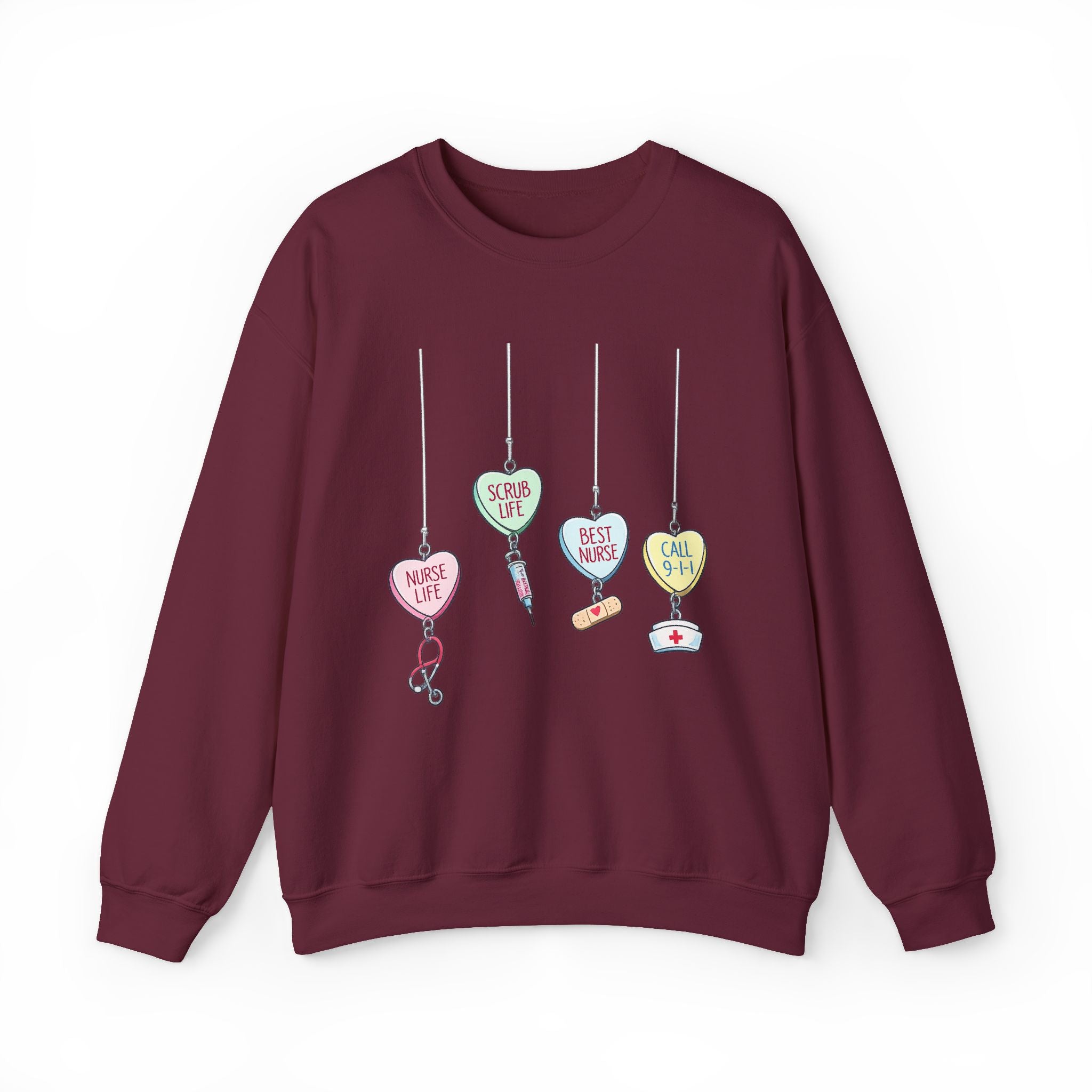Nurse Life Ornament Crewneck Sweatshirt — Cute Hanging Hearts "Nurse Life, Scrub Life, Best Nurse"