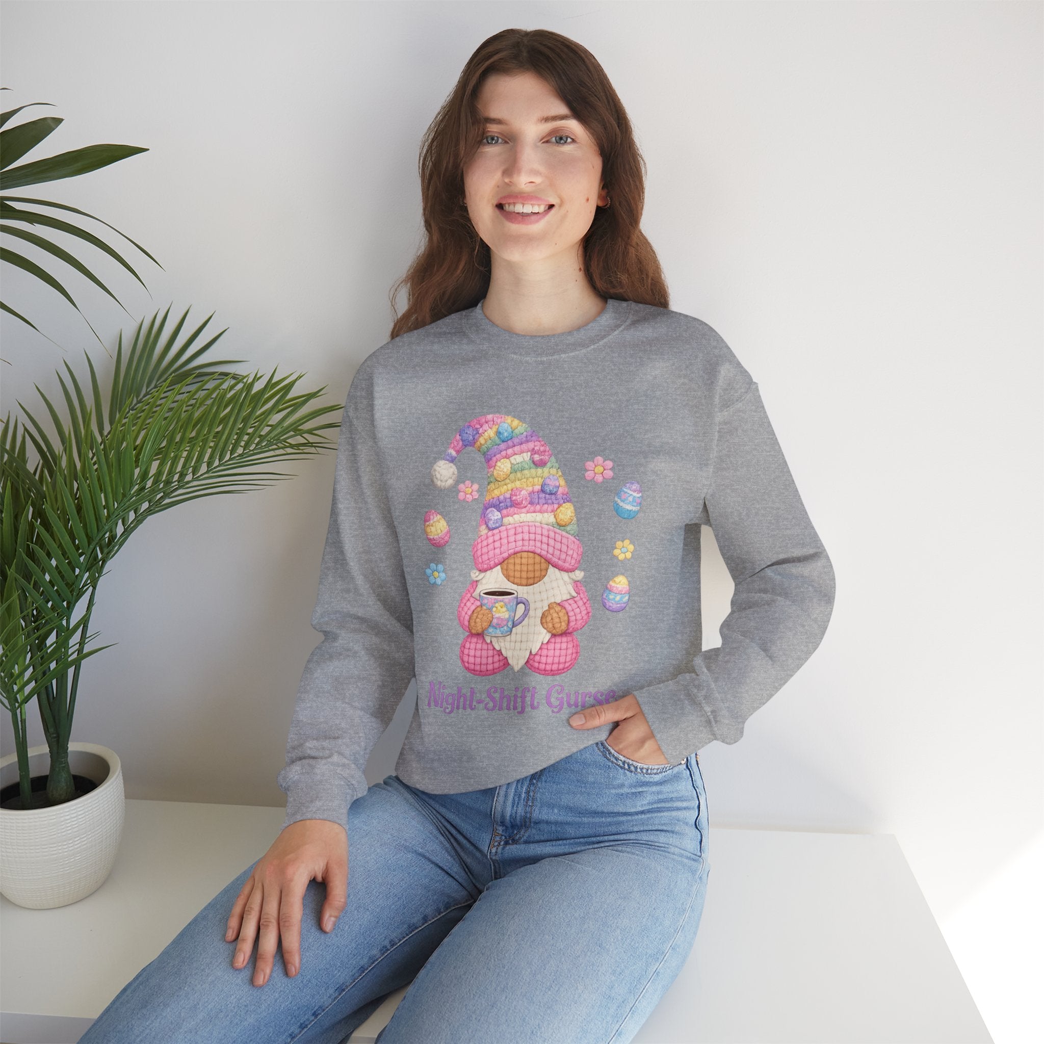 Night-Shift Nurse Gnome Sweatshirt — Cute Pastel Easter Nurse Gift