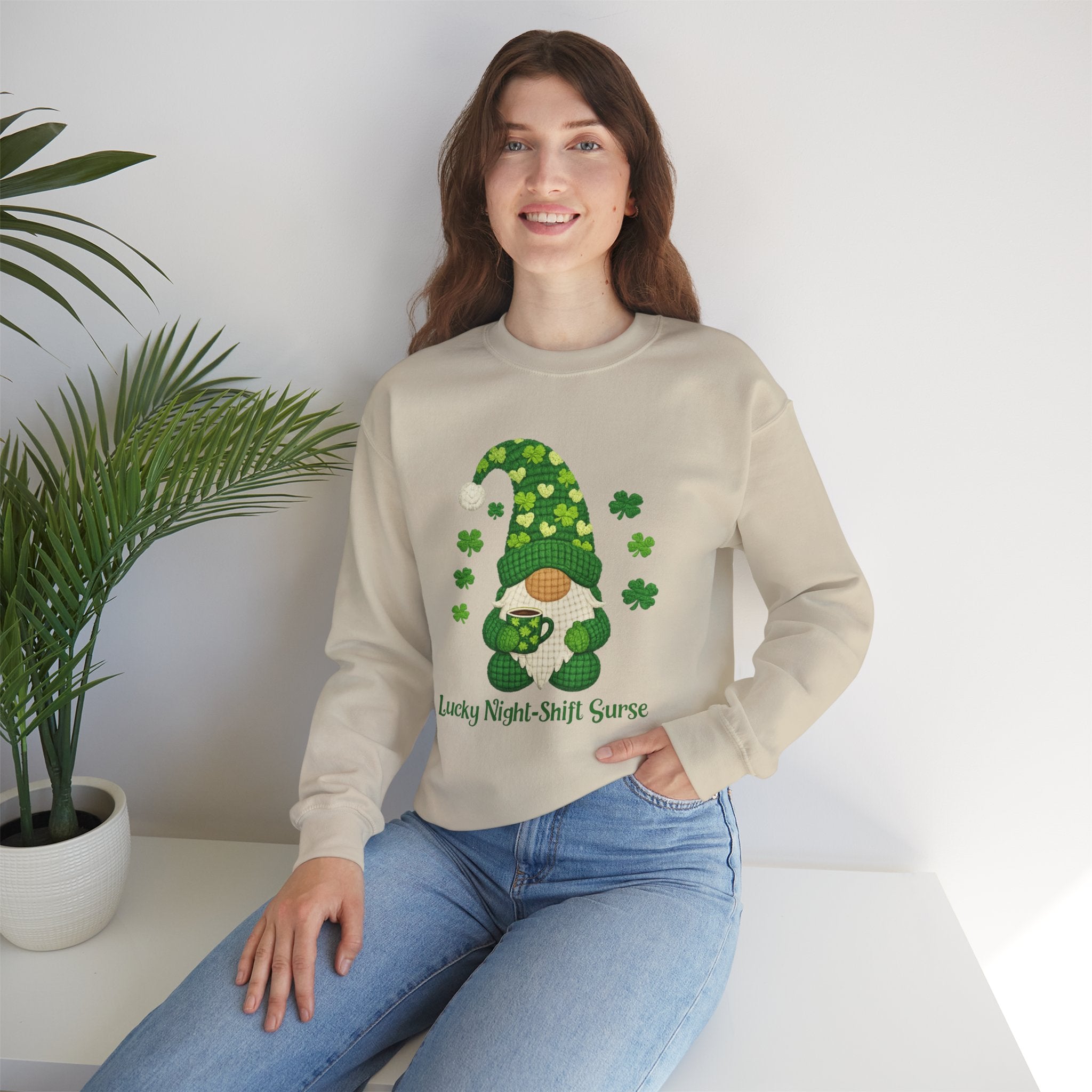 Crewneck Sweatshirt — "Lucky Night-Shift Nurse" St. Patrick’s Gnome Sweatshirt