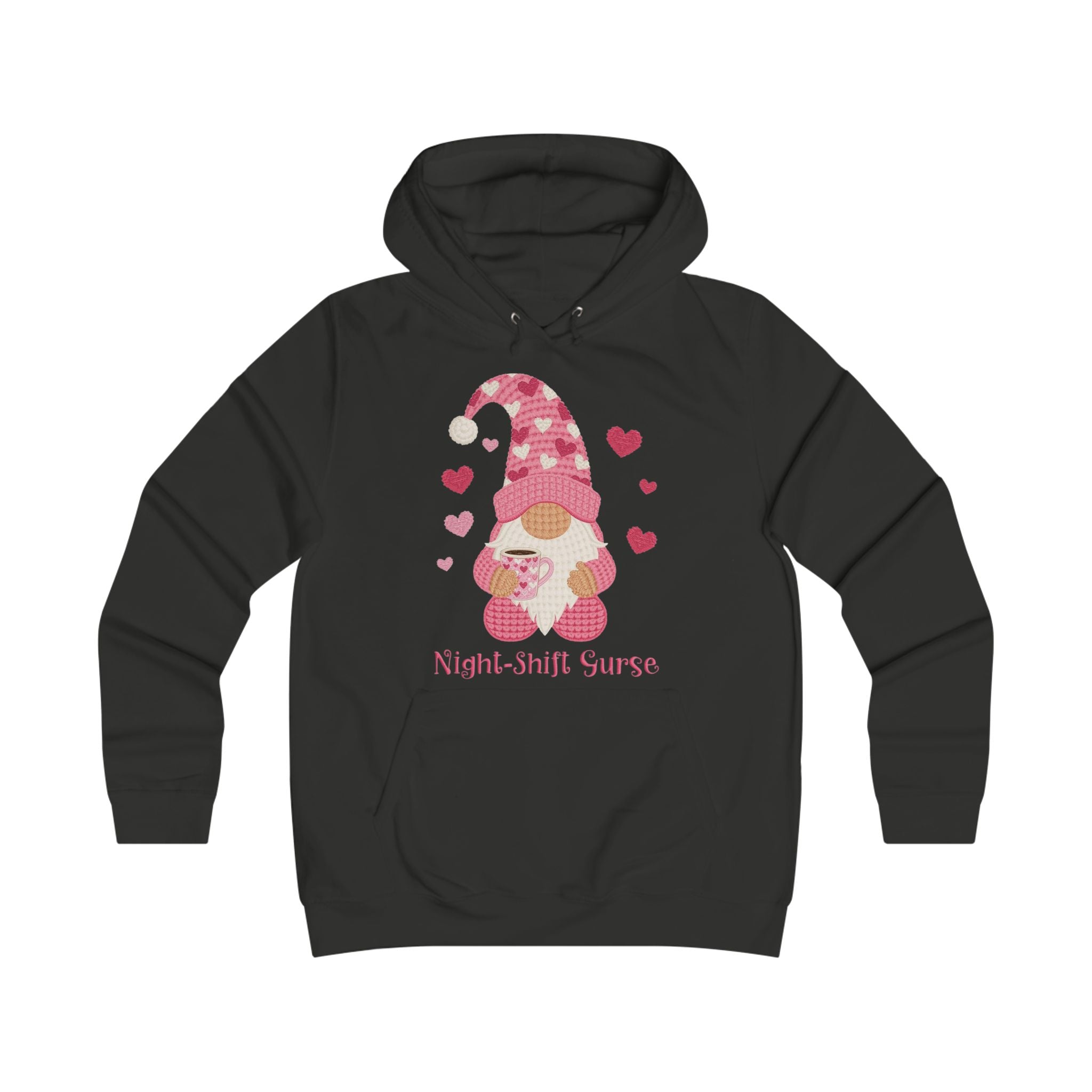 Night-Shift Nurse Gnome Hoodie — Cute Pink Hearts Valentine’s Day Gift for Nurses