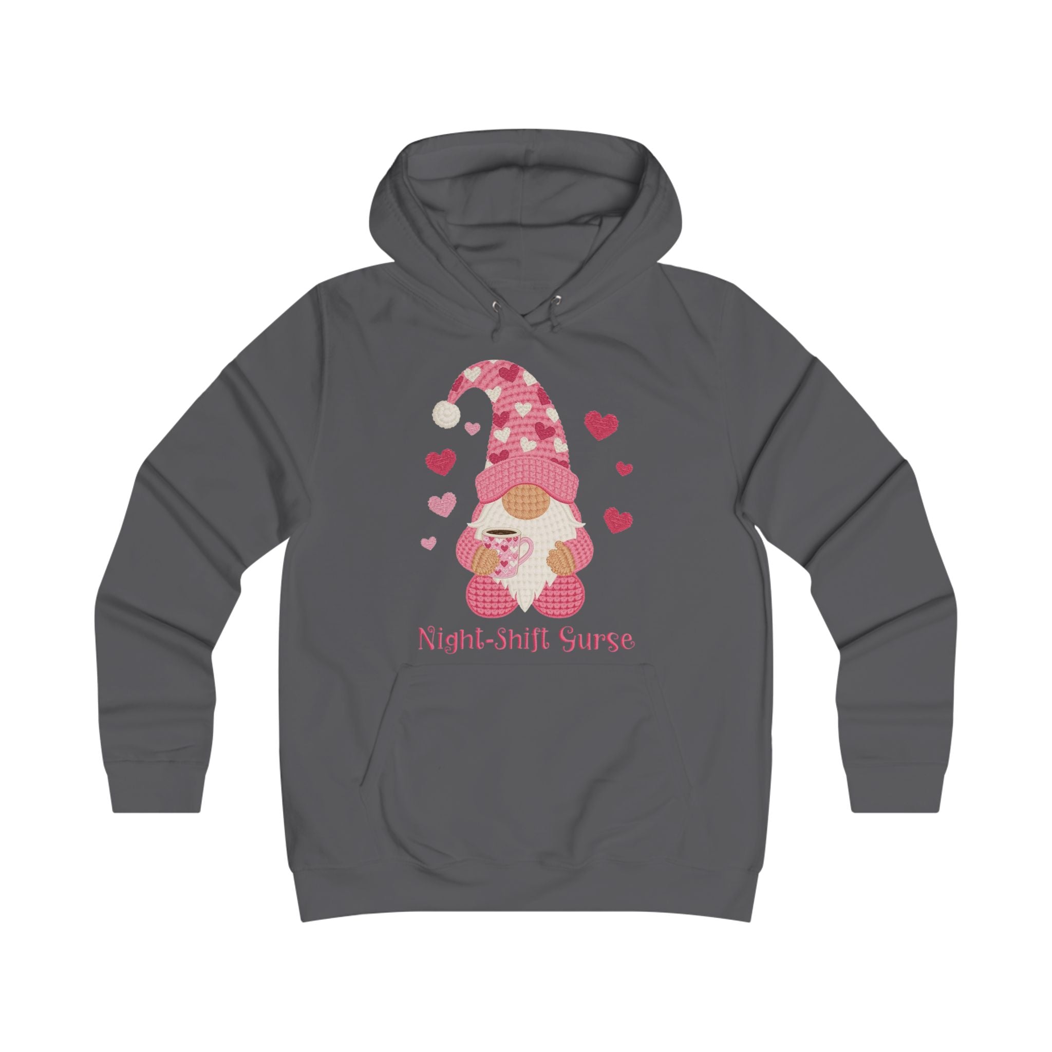 Night-Shift Nurse Gnome Hoodie — Cute Pink Hearts Valentine’s Day Gift for Nurses