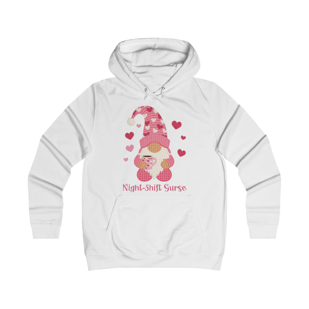 Night-Shift Nurse Gnome Hoodie — Cute Pink Hearts Valentine’s Day Gift for Nurses