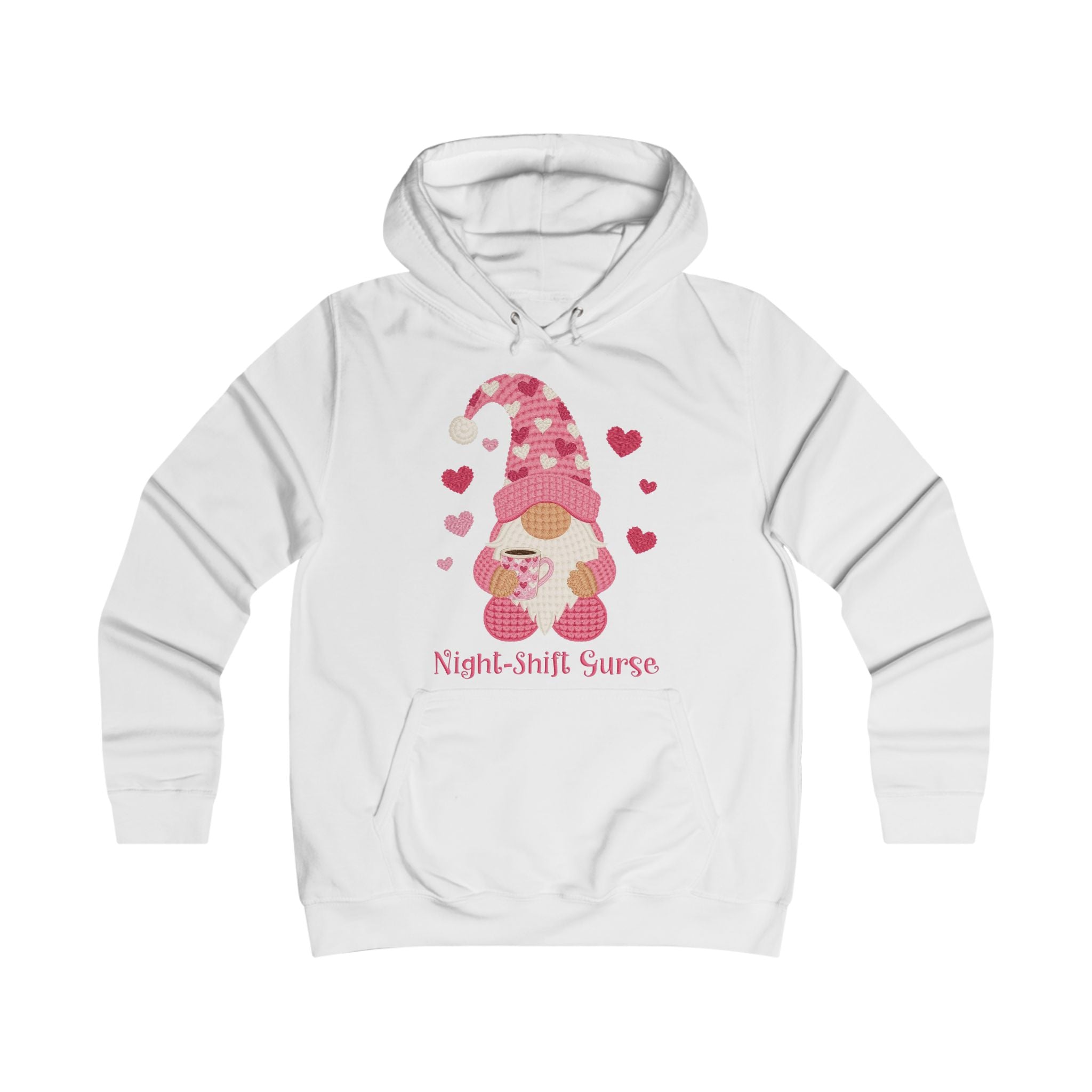 Night-Shift Nurse Gnome Hoodie — Cute Pink Hearts Valentine’s Day Gift for Nurses